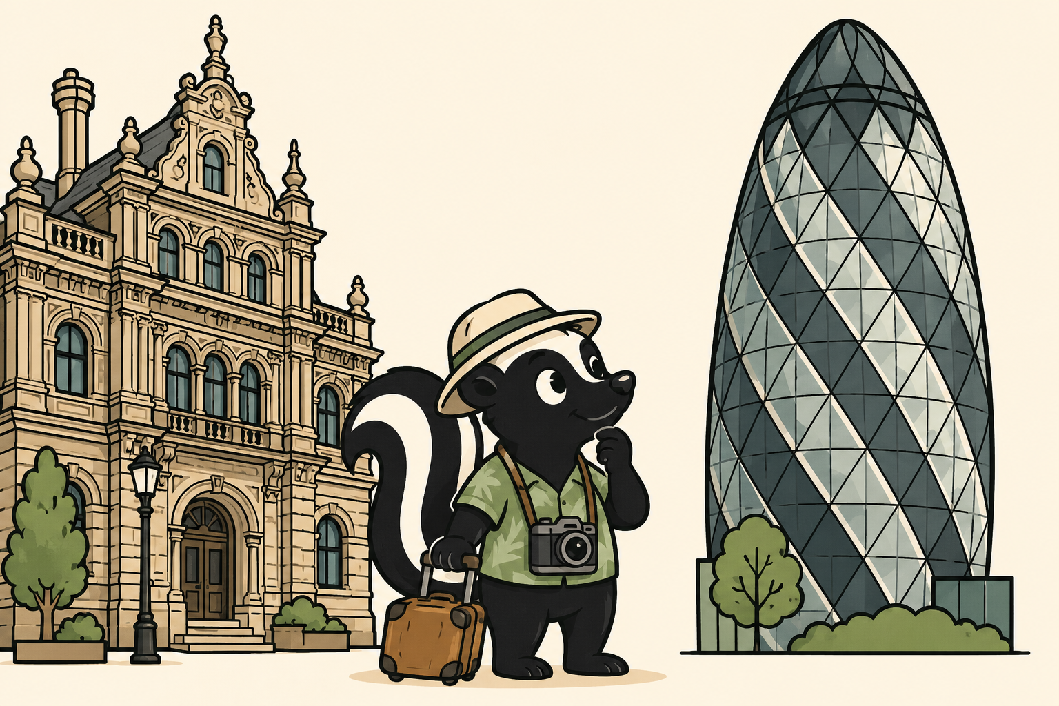Skunk tourist between classic and modern buildings
