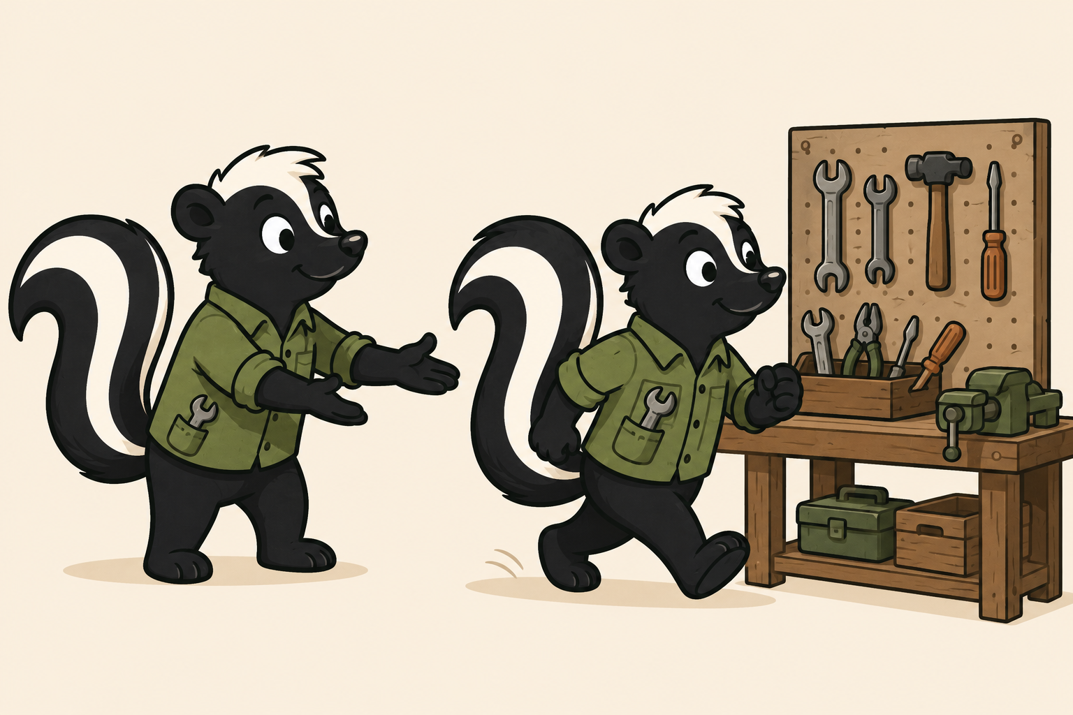Two skunks - one stepping back, one stepping forward to workbench