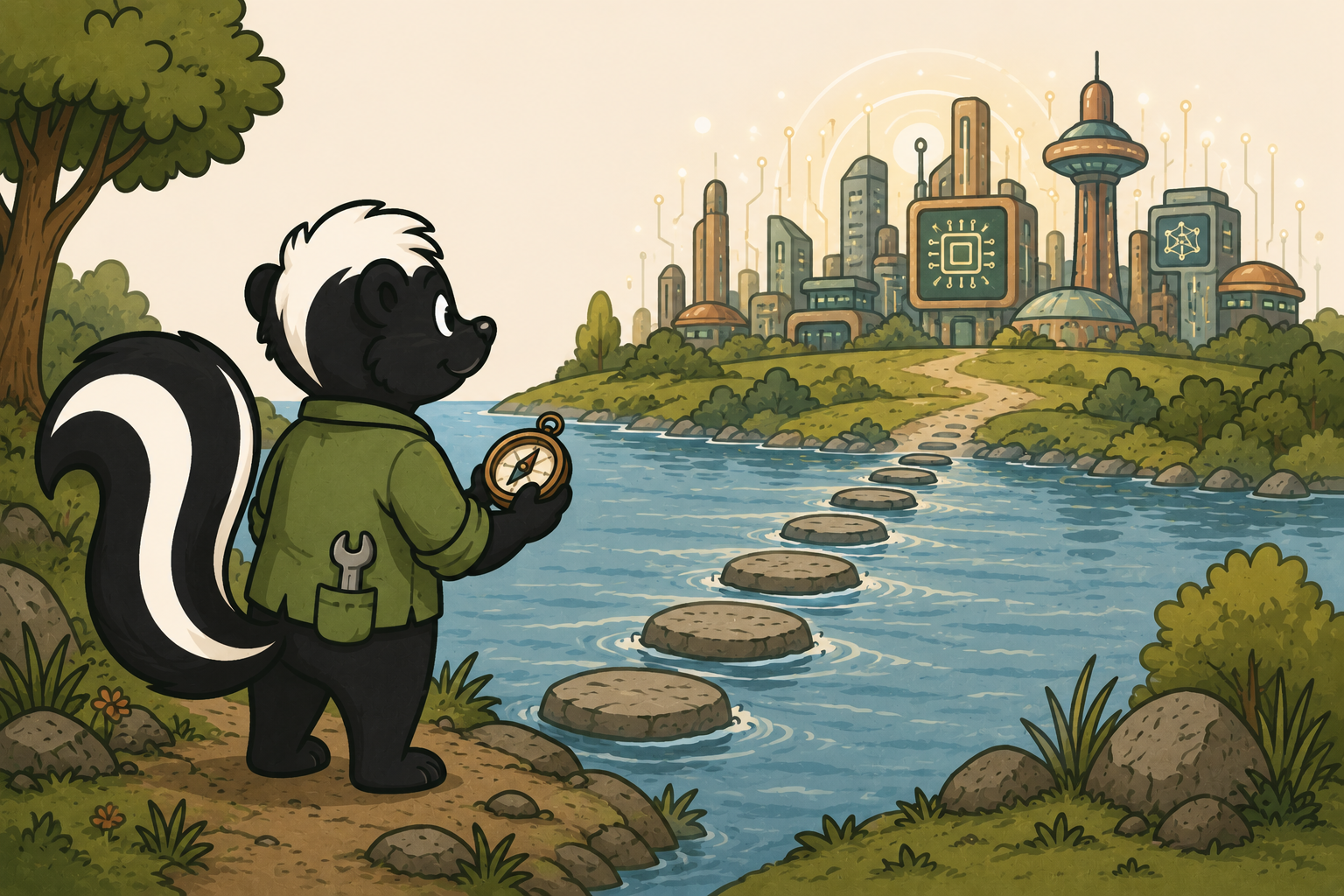 Skunk crossing river on stepping stones