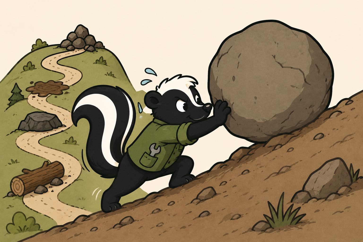 Skunk pushing boulder uphill