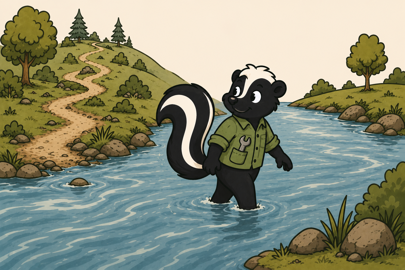 Skunk wading in flowing river